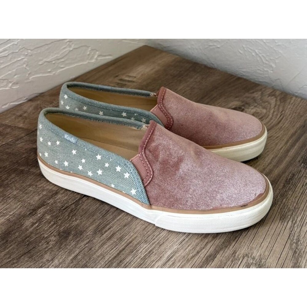 Keds women’s light blue & white stars pink velvet slip on shoes size 7